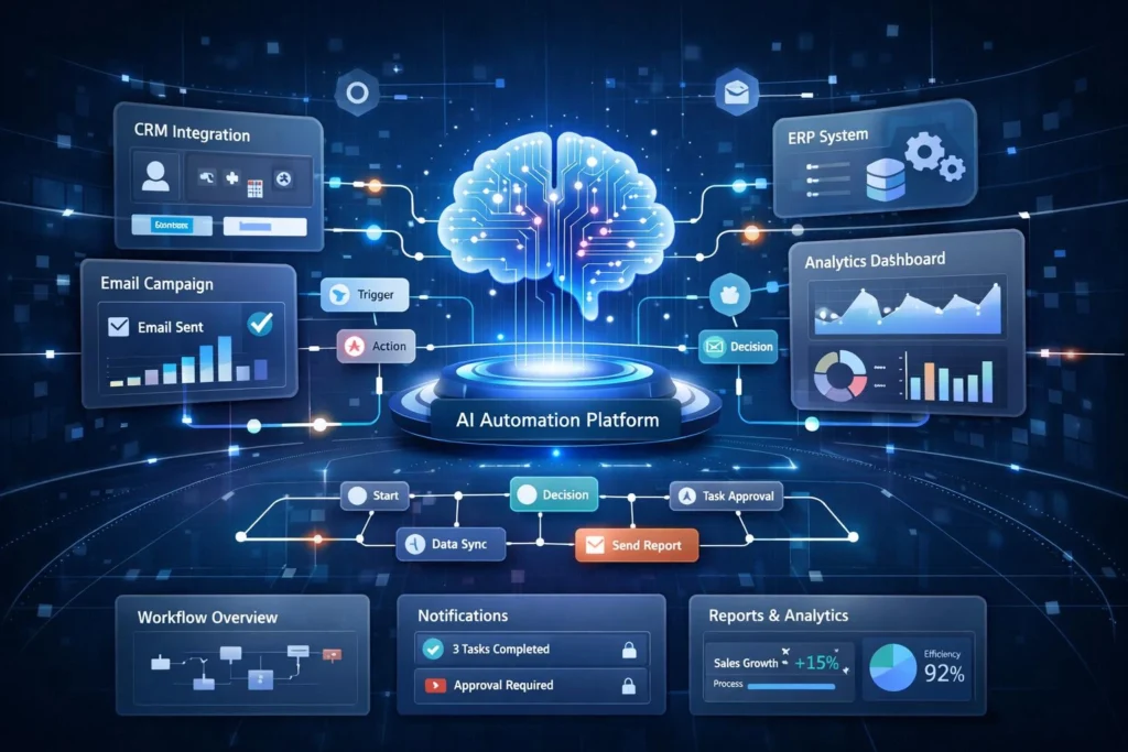 Intelligent workflows connecting AI, business applications, cloud systems, and enterprise operations